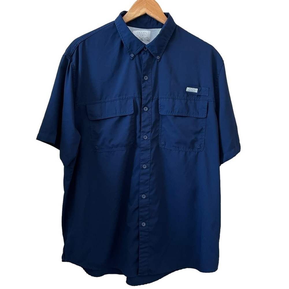 Ocean + Coast Men's Short Sleeve Front Button Fishing Shirt Blue Size L
